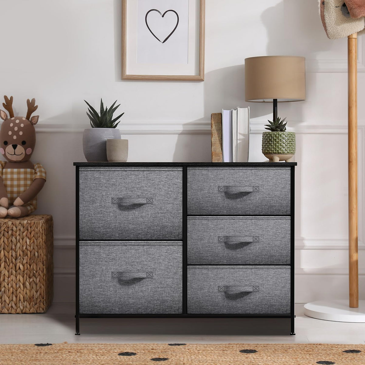 5 Drawer Dresser for Bedroom, Wood Top (Black)