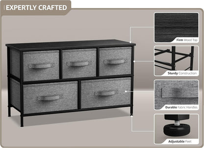 5 Drawer Dresser for Bedroom, Wood Top (Black)