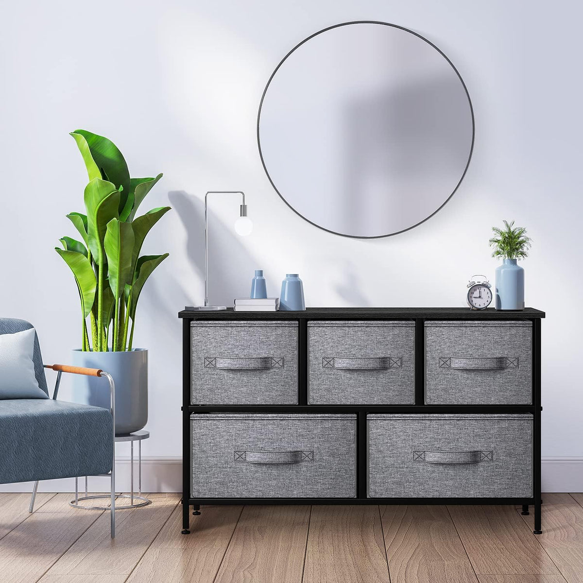 5 Drawer Dresser for Bedroom, Wood Top (Black)