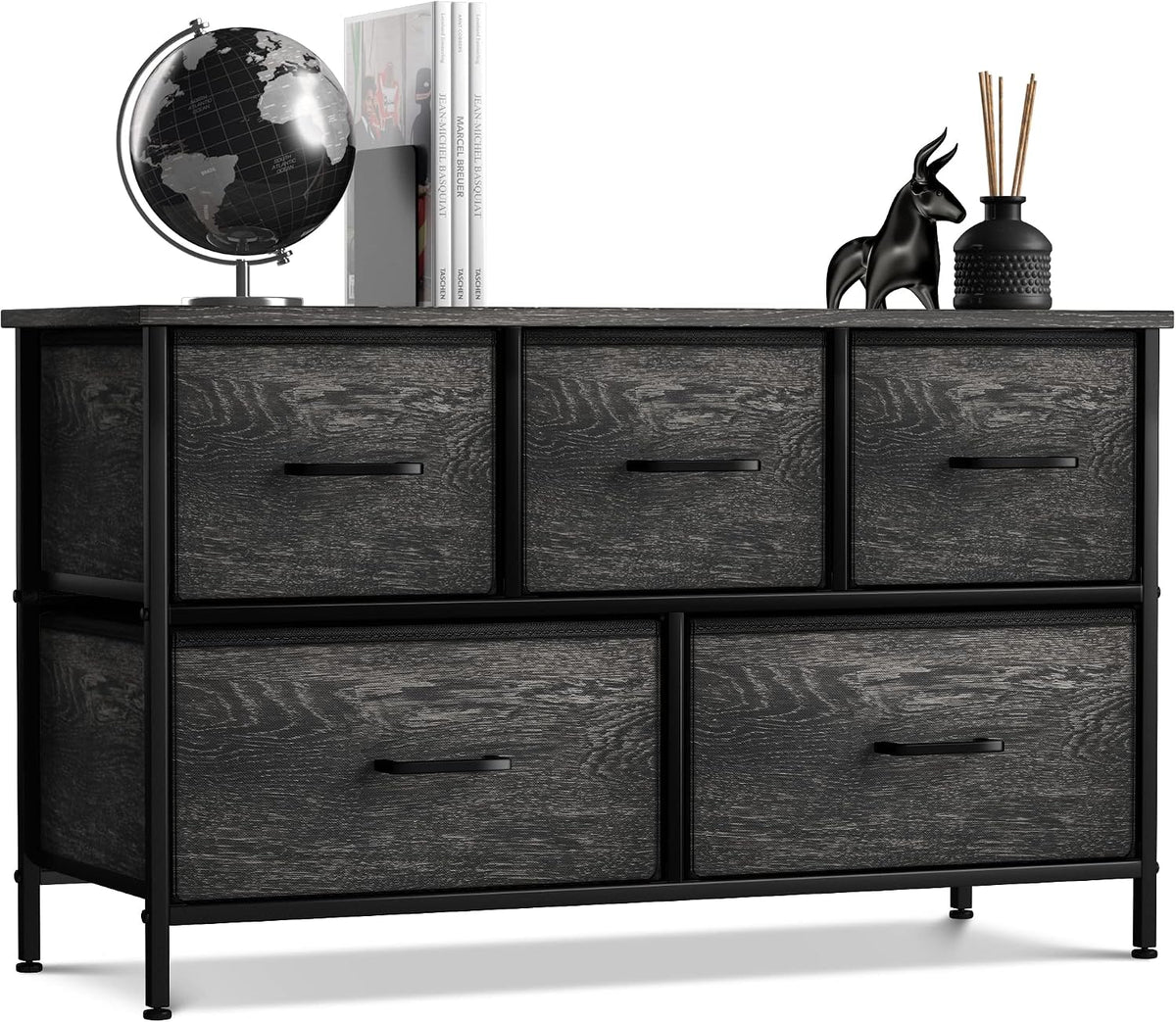 5 Drawer Dresser for Bedroom, Wood Top (Black)