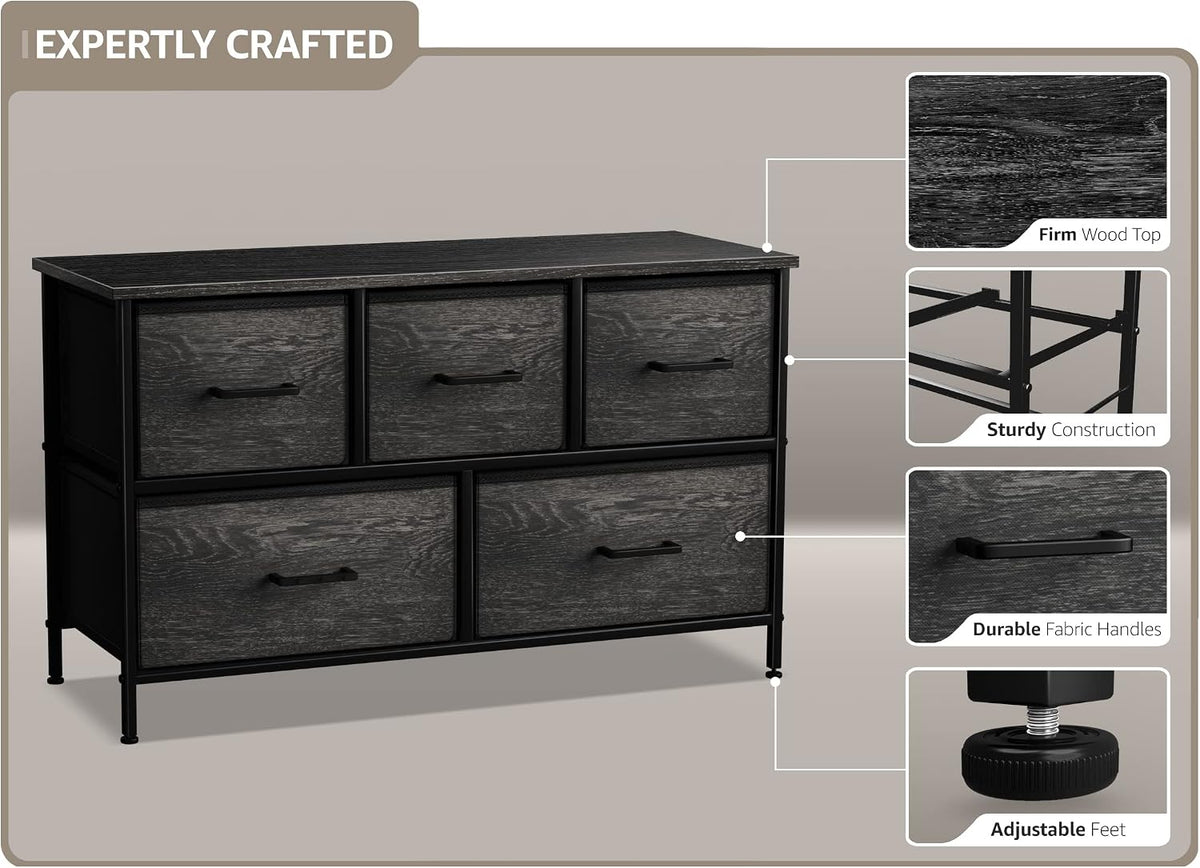 5 Drawer Dresser for Bedroom, Wood Top (Black)