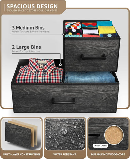 5 Drawer Dresser for Bedroom, Wood Top (Black)