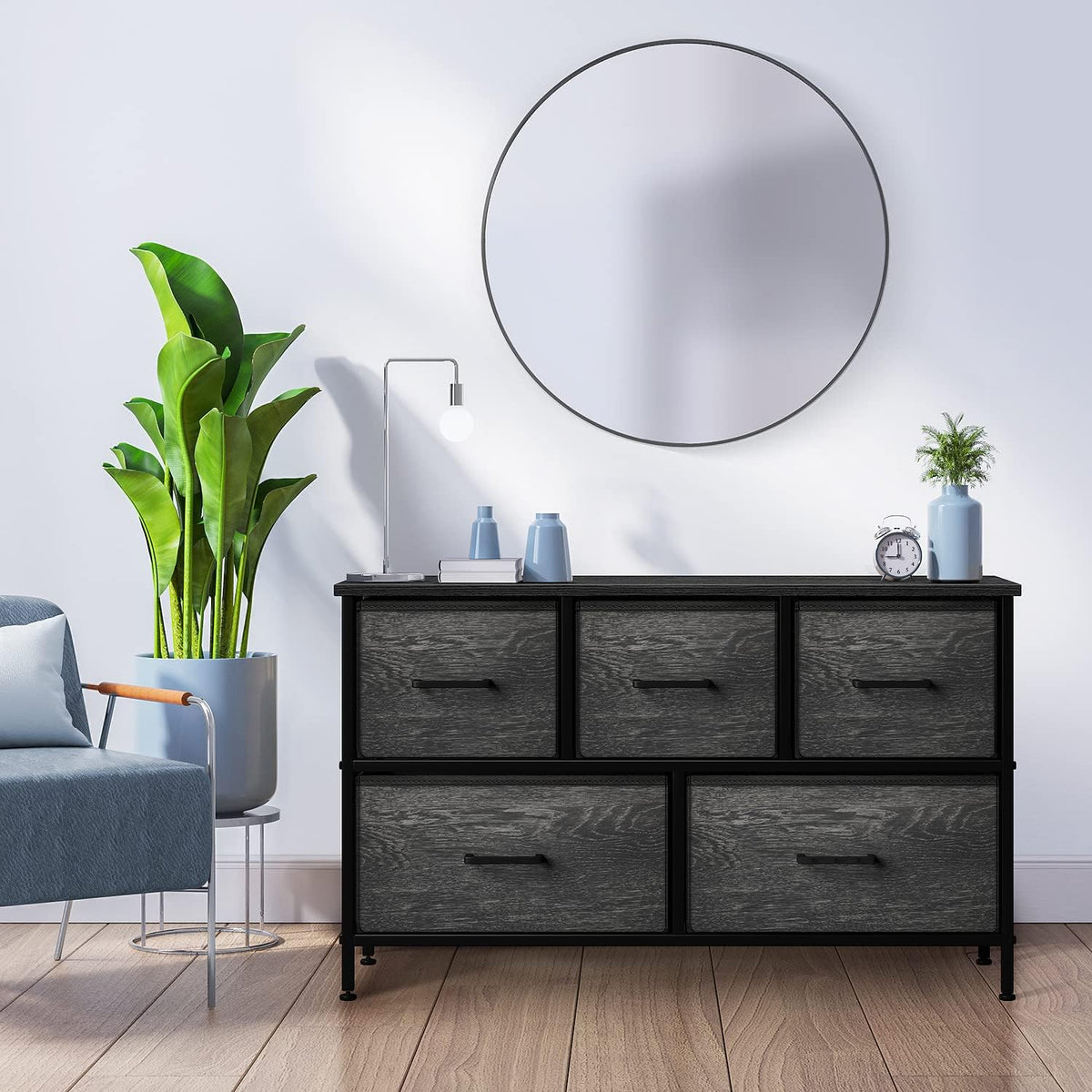 5 Drawer Dresser for Bedroom, Wood Top (Black)