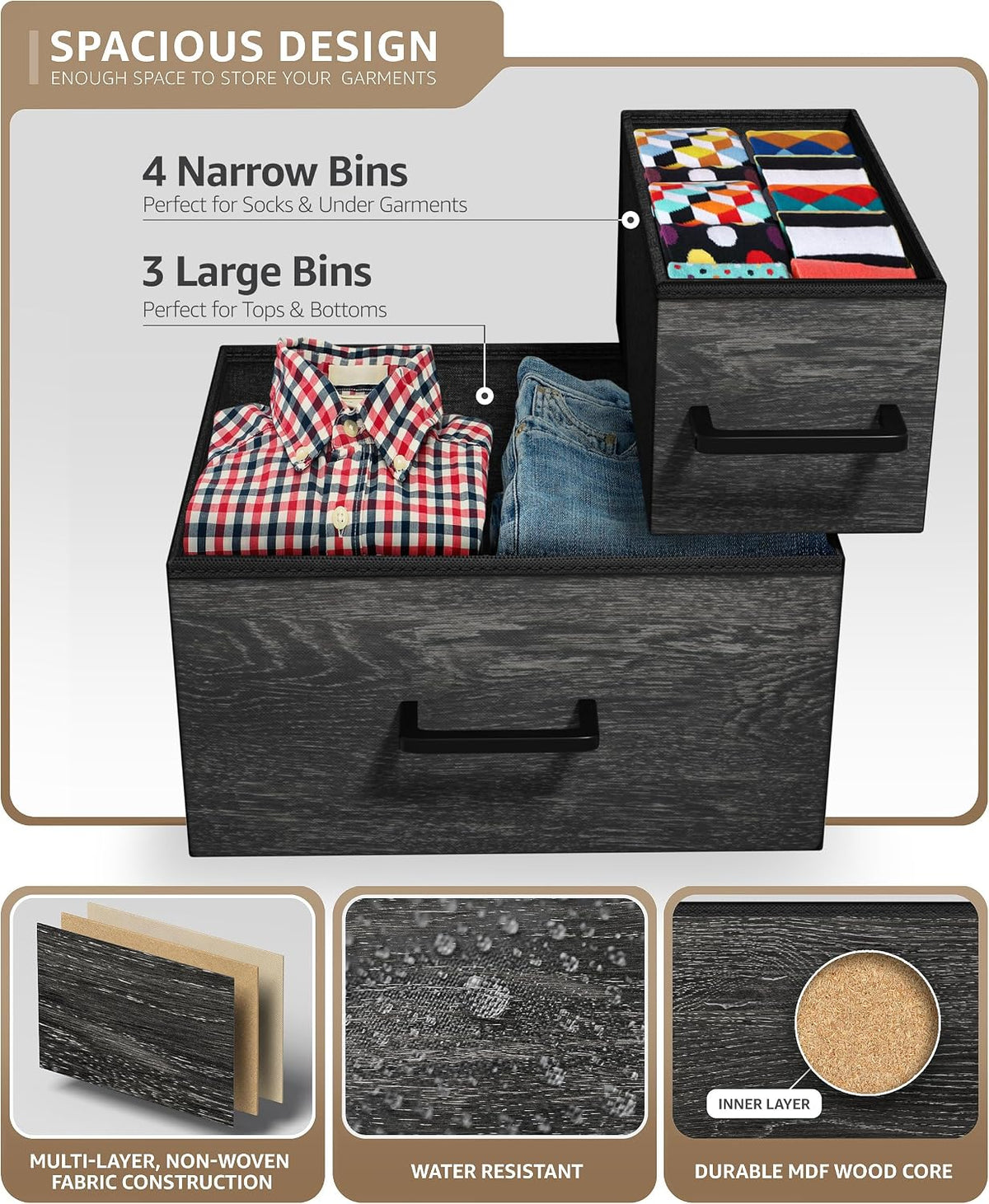 5 Drawer Dresser for Bedroom, Wood Top (Black)