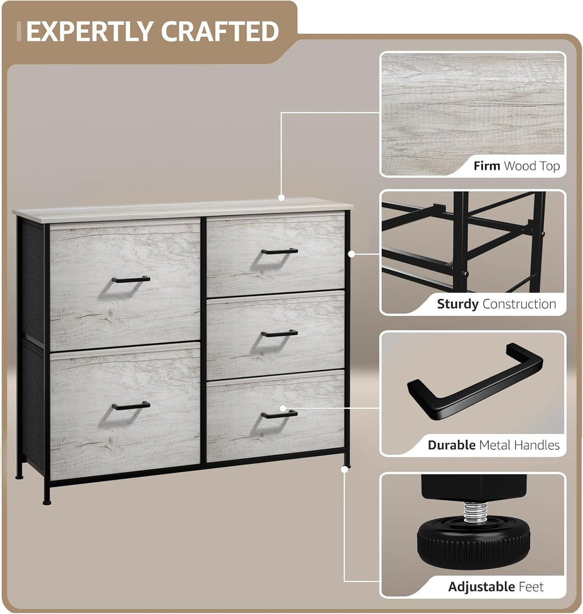 5 Drawer Dresser for Bedroom, Wood Top (Black)