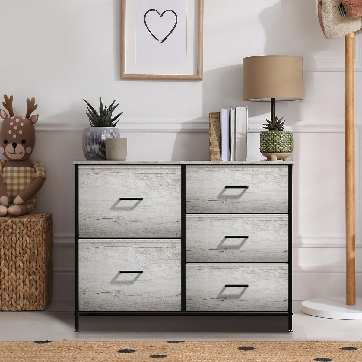 5 Drawer Dresser for Bedroom, Wood Top (Black)