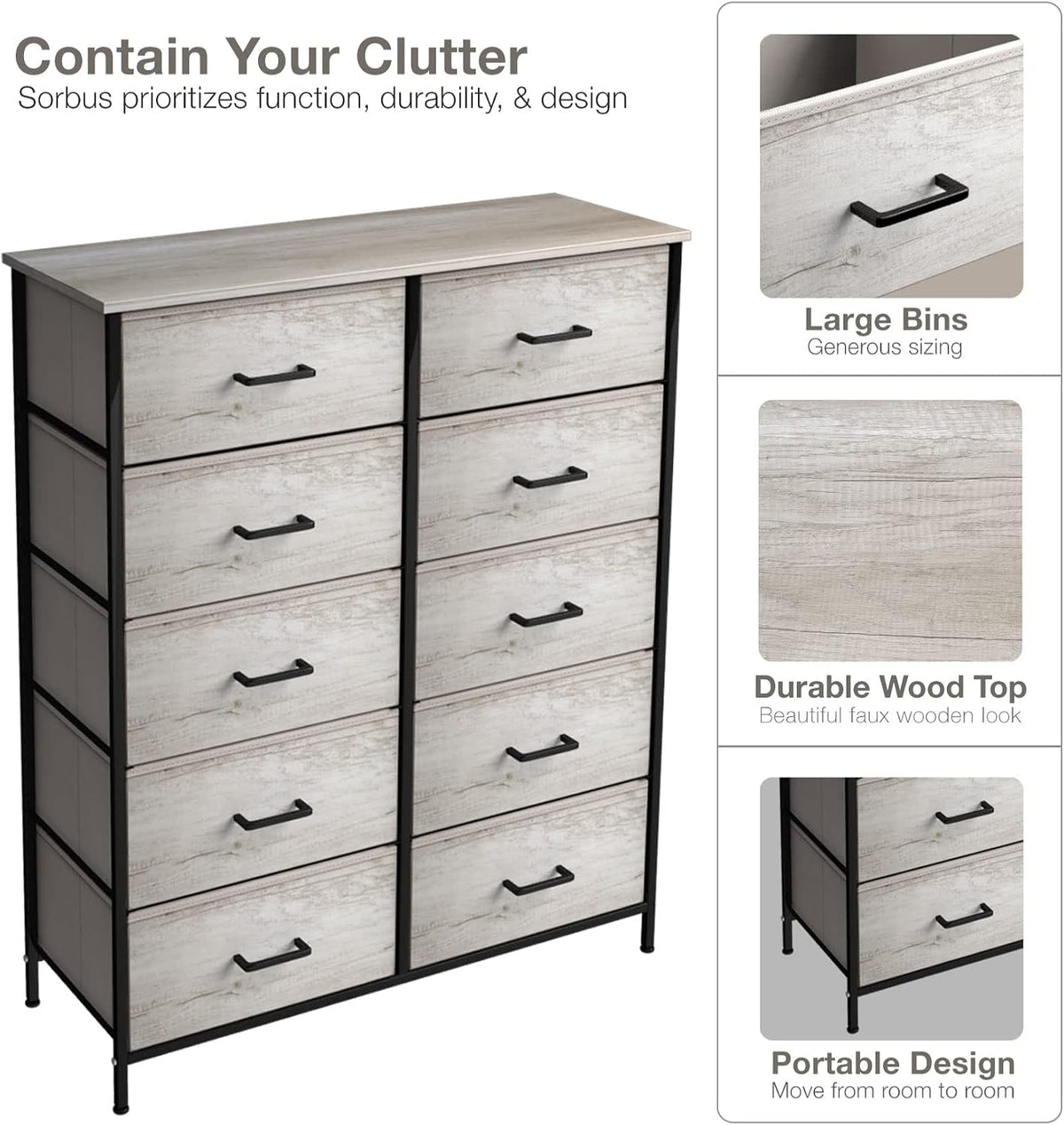 5 Drawer Dresser for Bedroom, Wood Top (Black)