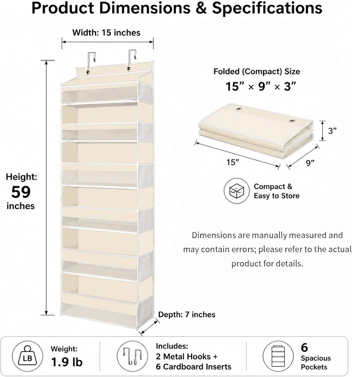 Over The Door Storage Organizer - Hanging Storage Organizer Beige