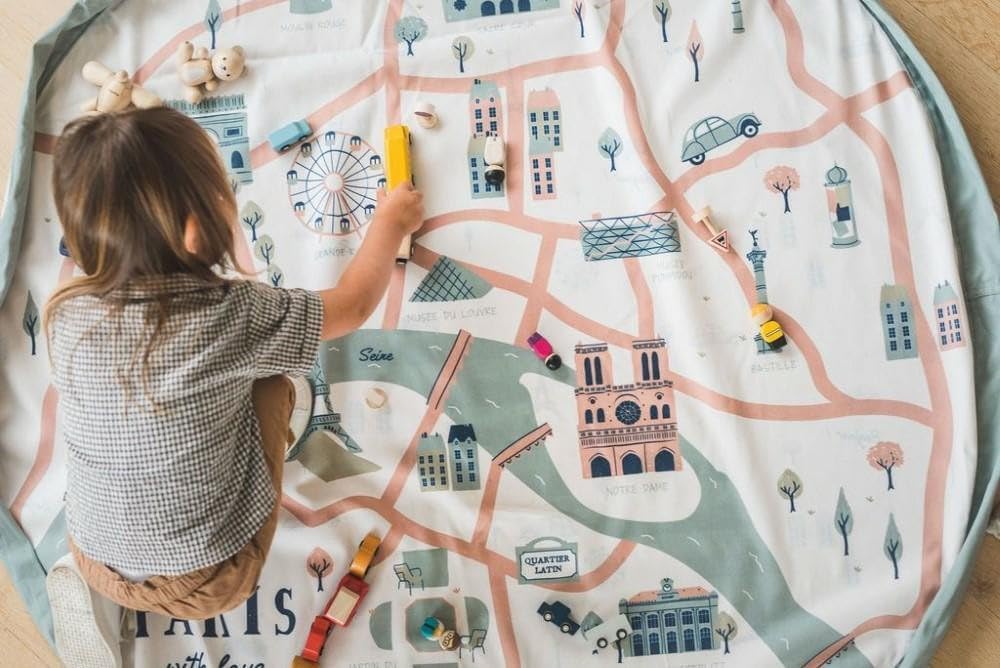 Drawstring Play Mat Storage Bag for Children - Kids Toy Storage Organizer - Drawstring Toy Bag - Large 55" Play Mat for Toddlers Toys and Bag for Storage - Paris map