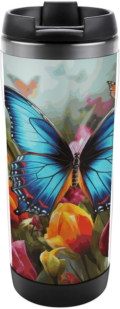 13oz Insulated Travel Coffee Mug Reusable Coffee Cup Water Bottle | Colourful Butterfly And Floral Travel Mug with Leak Proof Lid Double Wall Stainless Steel Coffee Tumbler Personalized Gift