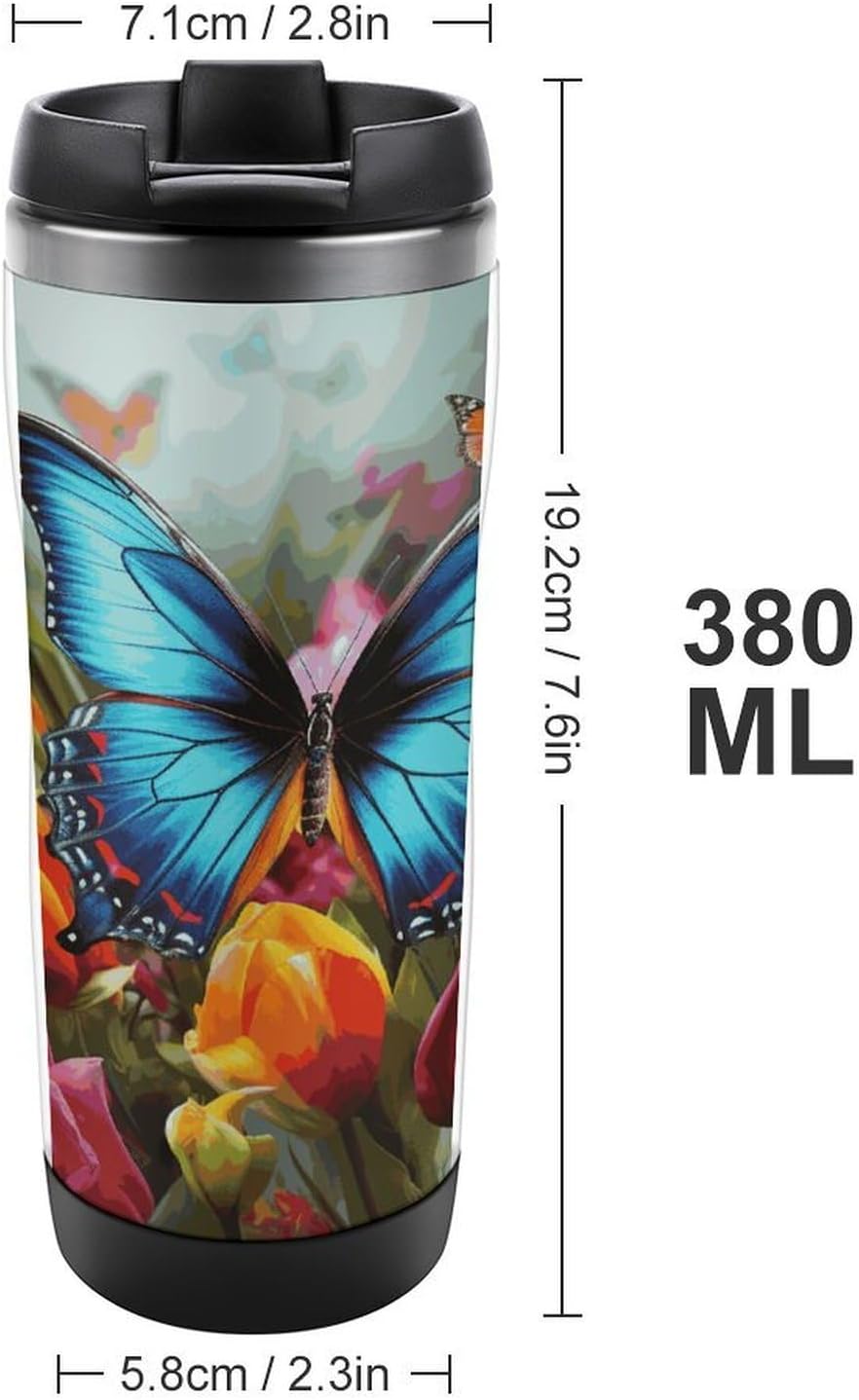 13oz Insulated Travel Coffee Mug Reusable Coffee Cup Water Bottle | Colourful Butterfly And Floral Travel Mug with Leak Proof Lid Double Wall Stainless Steel Coffee Tumbler Personalized Gift
