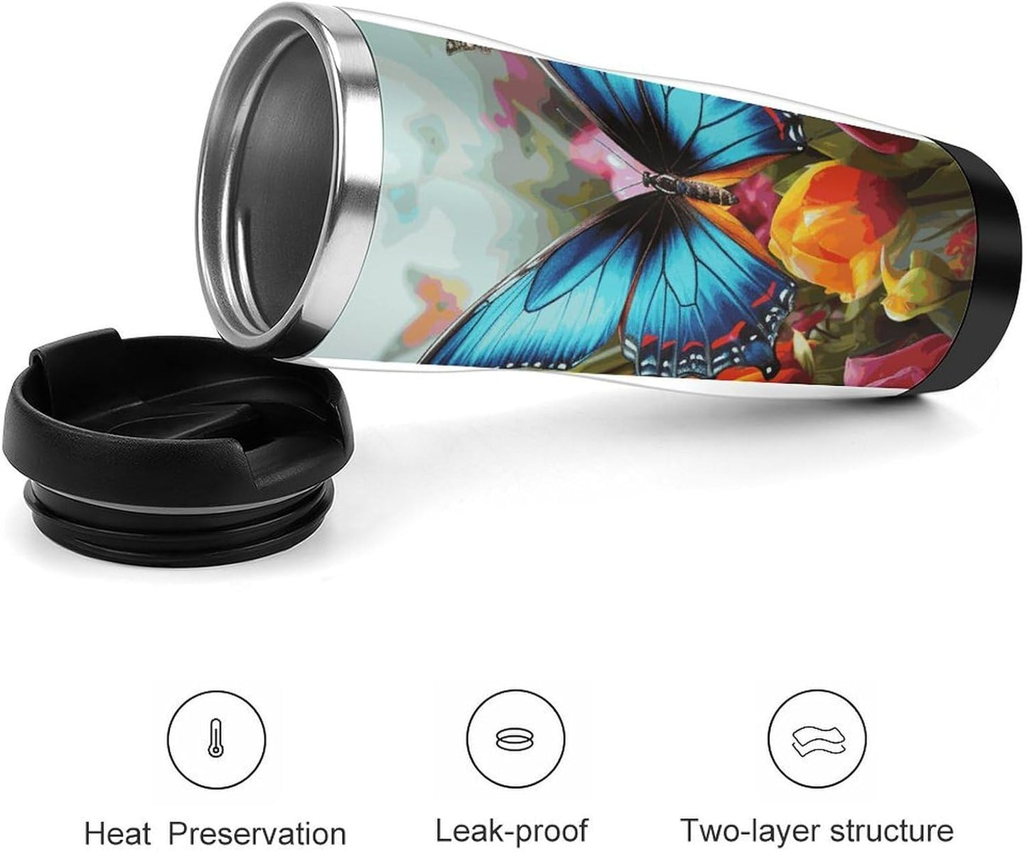 13oz Insulated Travel Coffee Mug Reusable Coffee Cup Water Bottle | Colourful Butterfly And Floral Travel Mug with Leak Proof Lid Double Wall Stainless Steel Coffee Tumbler Personalized Gift