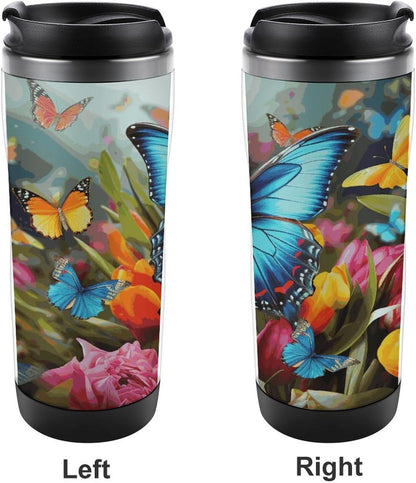 13oz Insulated Travel Coffee Mug Reusable Coffee Cup Water Bottle | Colourful Butterfly And Floral Travel Mug with Leak Proof Lid Double Wall Stainless Steel Coffee Tumbler Personalized Gift