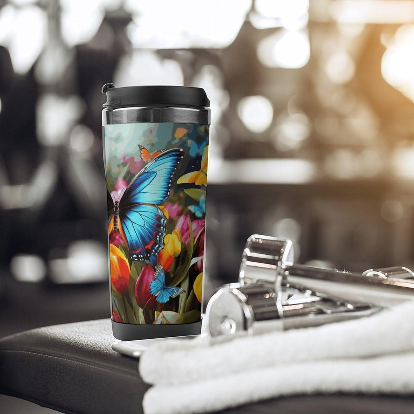 13oz Insulated Travel Coffee Mug Reusable Coffee Cup Water Bottle | Colourful Butterfly And Floral Travel Mug with Leak Proof Lid Double Wall Stainless Steel Coffee Tumbler Personalized Gift