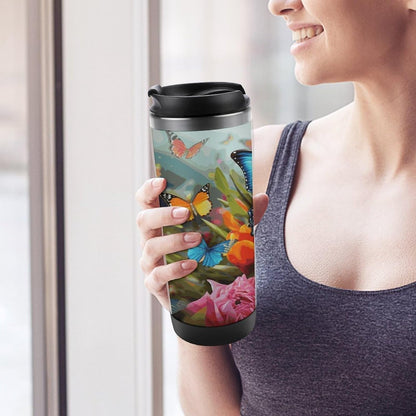 13oz Insulated Travel Coffee Mug Reusable Coffee Cup Water Bottle | Colourful Butterfly And Floral Travel Mug with Leak Proof Lid Double Wall Stainless Steel Coffee Tumbler Personalized Gift