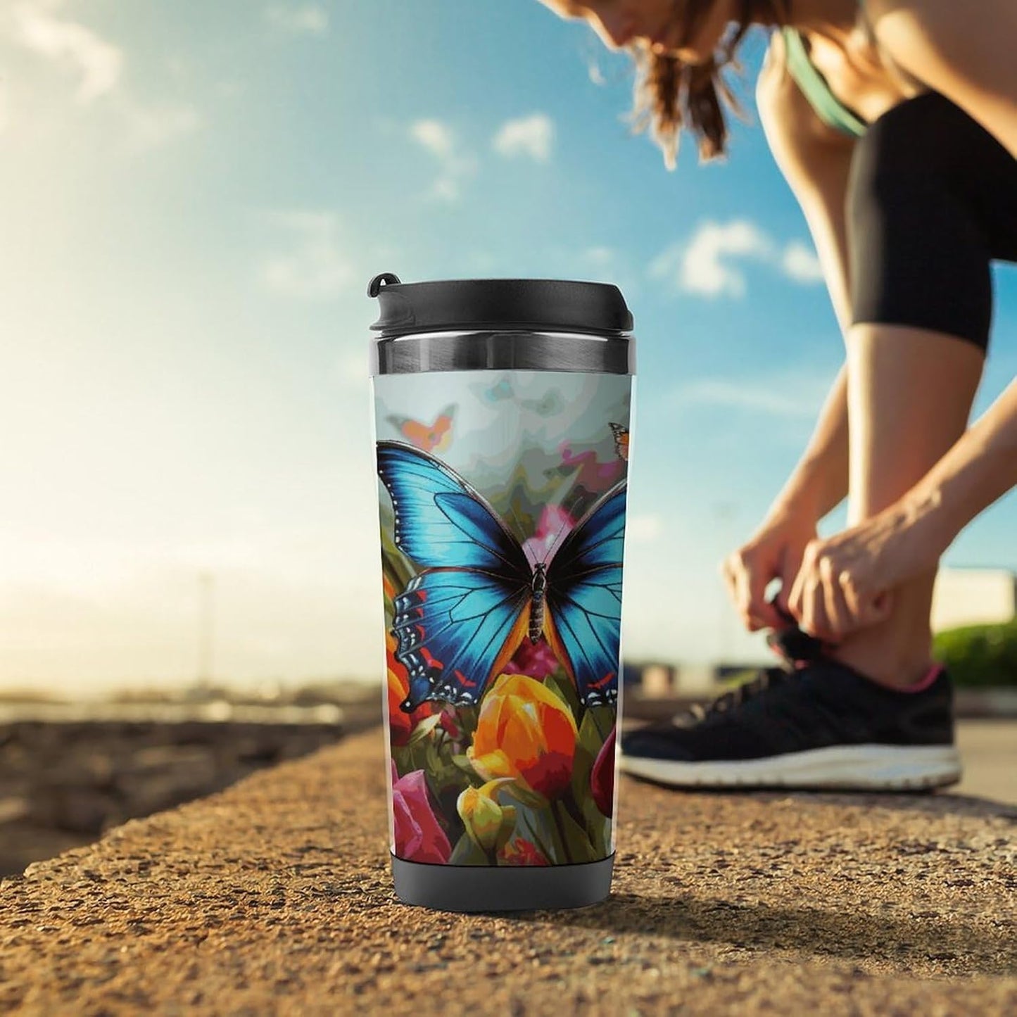 13oz Insulated Travel Coffee Mug Reusable Coffee Cup Water Bottle | Colourful Butterfly And Floral Travel Mug with Leak Proof Lid Double Wall Stainless Steel Coffee Tumbler Personalized Gift