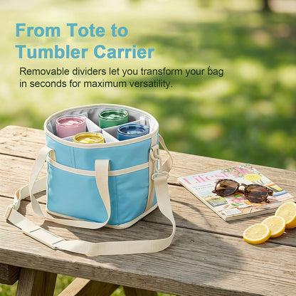 4 Compartment Insulated Drink Carrier Bag for 4 Cups Drink Holder Bag, Multiple Tumbler Carrier Caddy Tote Bag, Water Bottle Holder with Adjustable Strap, Drink Bag for Travel, Picnic, Sports