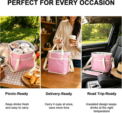 4 Compartment Insulated Drink Carrier Bag for 4 Cups Drink Holder Bag, Multiple Tumbler Carrier Caddy Tote Bag, Water Bottle Holder with Adjustable Strap, Drink Bag for Travel, Picnic, Sports