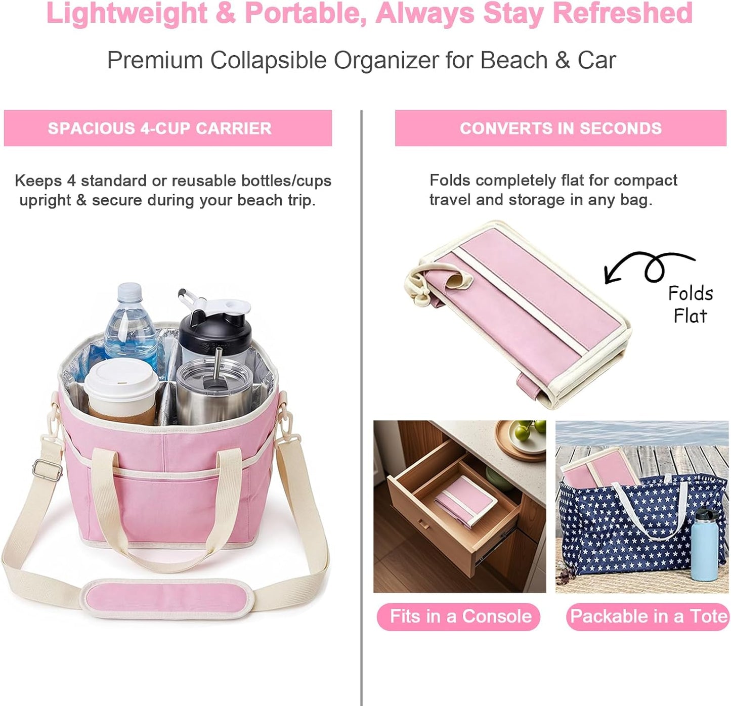 4 Compartment Insulated Drink Carrier Bag for 4 Cups Drink Holder Bag, Multiple Tumbler Carrier Caddy Tote Bag, Water Bottle Holder with Adjustable Strap, Drink Bag for Travel, Picnic, Sports