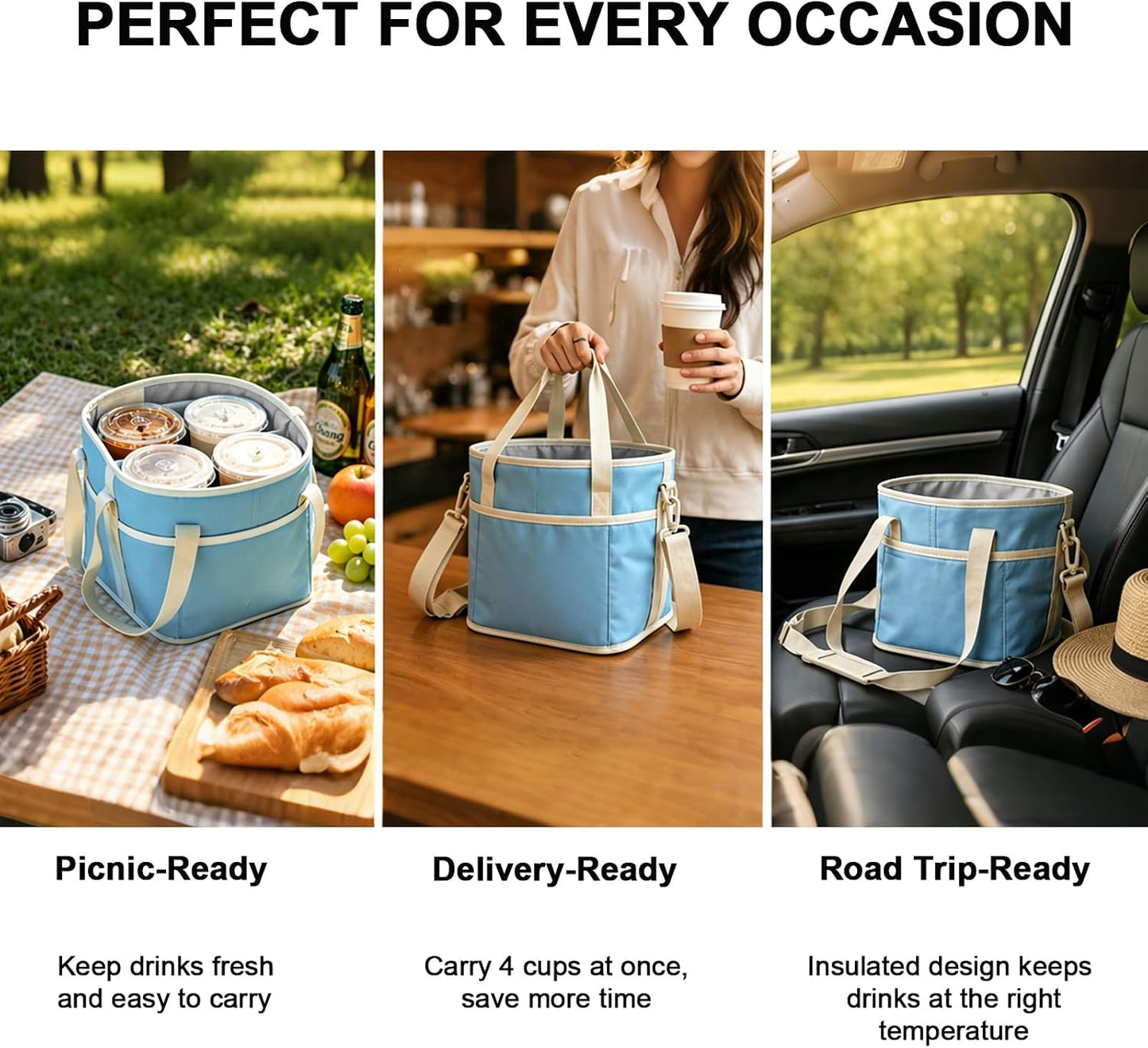 4 Compartment Insulated Drink Carrier Bag for 4 Cups Drink Holder Bag, Multiple Tumbler Carrier Caddy Tote Bag, Water Bottle Holder with Adjustable Strap, Drink Bag for Travel, Picnic, Sports