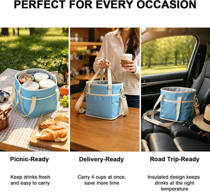 4 Compartment Insulated Drink Carrier Bag for 4 Cups Drink Holder Bag, Multiple Tumbler Carrier Caddy Tote Bag, Water Bottle Holder with Adjustable Strap, Drink Bag for Travel, Picnic, Sports