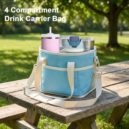 4 Compartment Insulated Drink Carrier Bag for 4 Cups Drink Holder Bag, Multiple Tumbler Carrier Caddy Tote Bag, Water Bottle Holder with Adjustable Strap, Drink Bag for Travel, Picnic, Sports