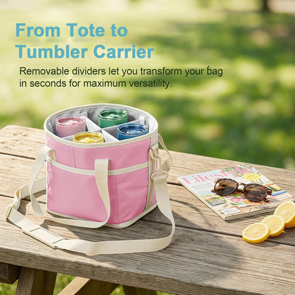 4 Compartment Insulated Drink Carrier Bag for 4 Cups Drink Holder Bag, Multiple Tumbler Carrier Caddy Tote Bag, Water Bottle Holder with Adjustable Strap, Drink Bag for Travel, Picnic, Sports