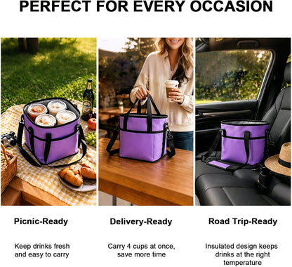 4 Compartment Insulated Drink Carrier Bag for 4 Cups Drink Holder Bag, Multiple Tumbler Carrier Caddy Tote Bag, Water Bottle Holder with Adjustable Strap, Drink Bag for Travel, Picnic, Sports