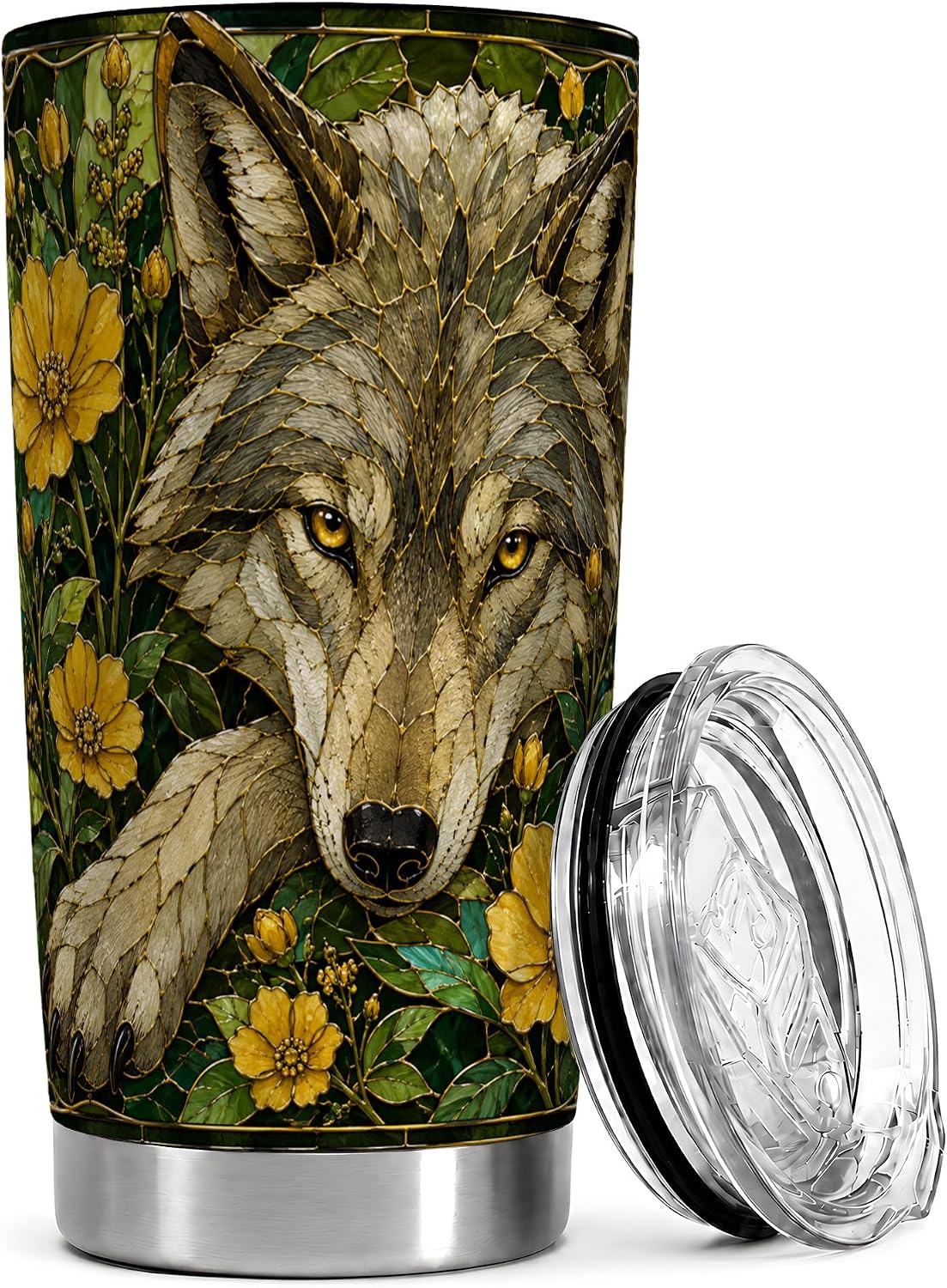 Wild Wolf Tumbler 20oz, Forest Animal Tumbler, Woodland Kitchen Decor Theme, Yellow Wildflower Stained Glass Artwork, Glossy Stainless Steel 20oz Travel Drinkware for Nature Fans