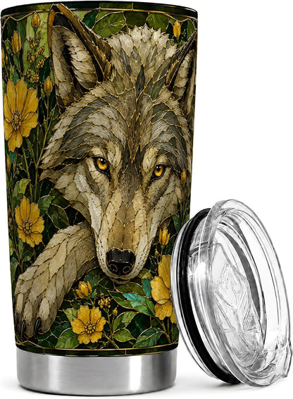 Wild Wolf Tumbler 20oz, Forest Animal Tumbler, Woodland Kitchen Decor Theme, Yellow Wildflower Stained Glass Artwork, Glossy Stainless Steel 20oz Travel Drinkware for Nature Fans