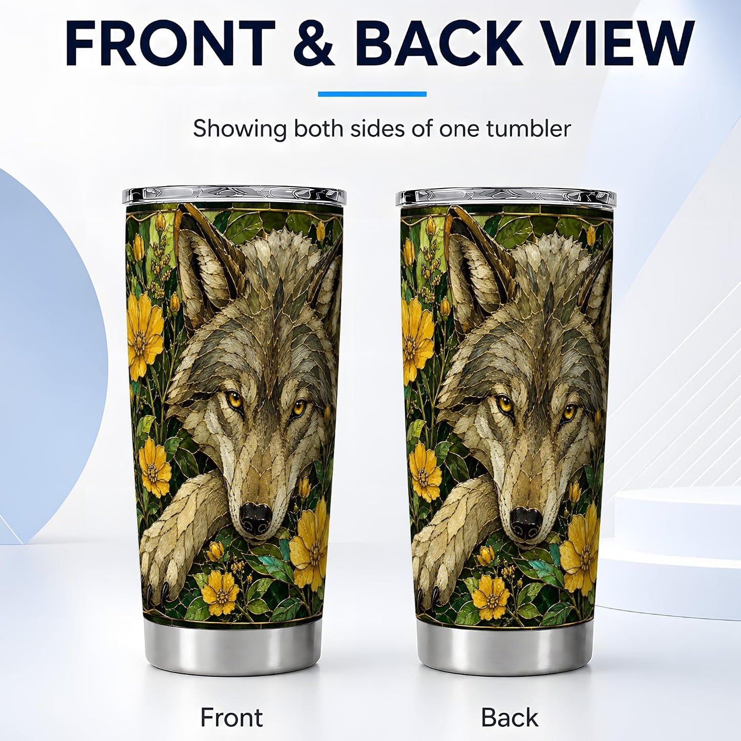 Wild Wolf Tumbler 20oz, Forest Animal Tumbler, Woodland Kitchen Decor Theme, Yellow Wildflower Stained Glass Artwork, Glossy Stainless Steel 20oz Travel Drinkware for Nature Fans