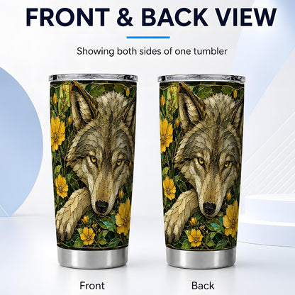 Wild Wolf Tumbler 20oz, Forest Animal Tumbler, Woodland Kitchen Decor Theme, Yellow Wildflower Stained Glass Artwork, Glossy Stainless Steel 20oz Travel Drinkware for Nature Fans