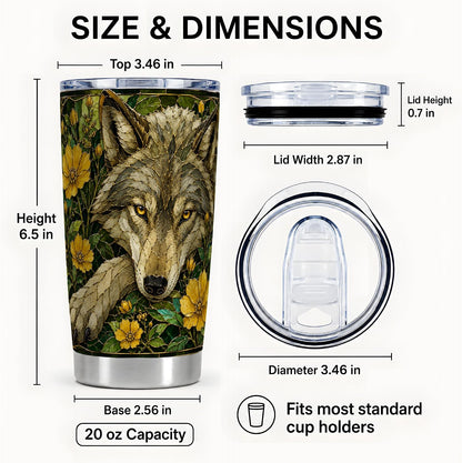 Wild Wolf Tumbler 20oz, Forest Animal Tumbler, Woodland Kitchen Decor Theme, Yellow Wildflower Stained Glass Artwork, Glossy Stainless Steel 20oz Travel Drinkware for Nature Fans
