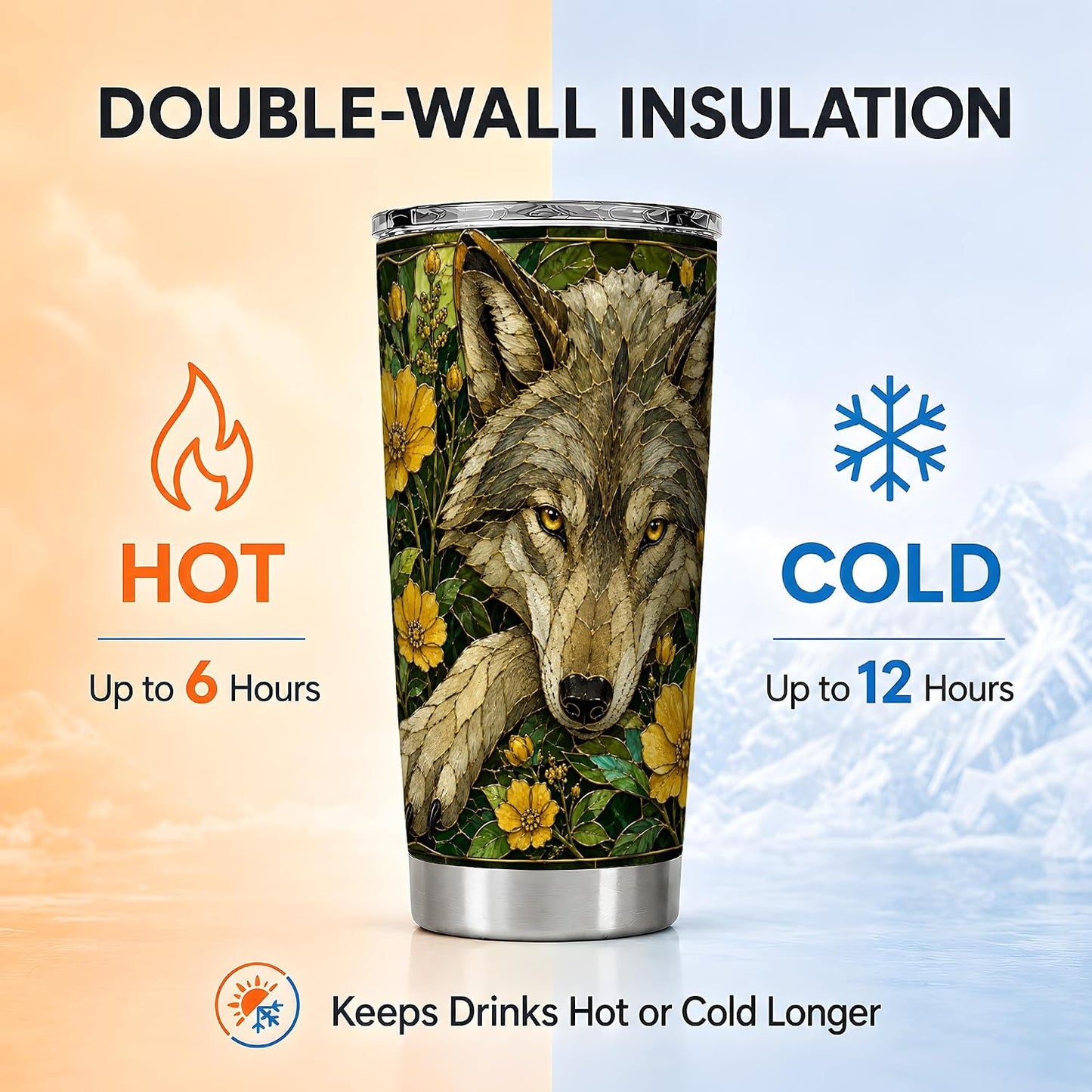 Wild Wolf Tumbler 20oz, Forest Animal Tumbler, Woodland Kitchen Decor Theme, Yellow Wildflower Stained Glass Artwork, Glossy Stainless Steel 20oz Travel Drinkware for Nature Fans