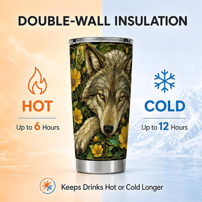 Wild Wolf Tumbler 20oz, Forest Animal Tumbler, Woodland Kitchen Decor Theme, Yellow Wildflower Stained Glass Artwork, Glossy Stainless Steel 20oz Travel Drinkware for Nature Fans