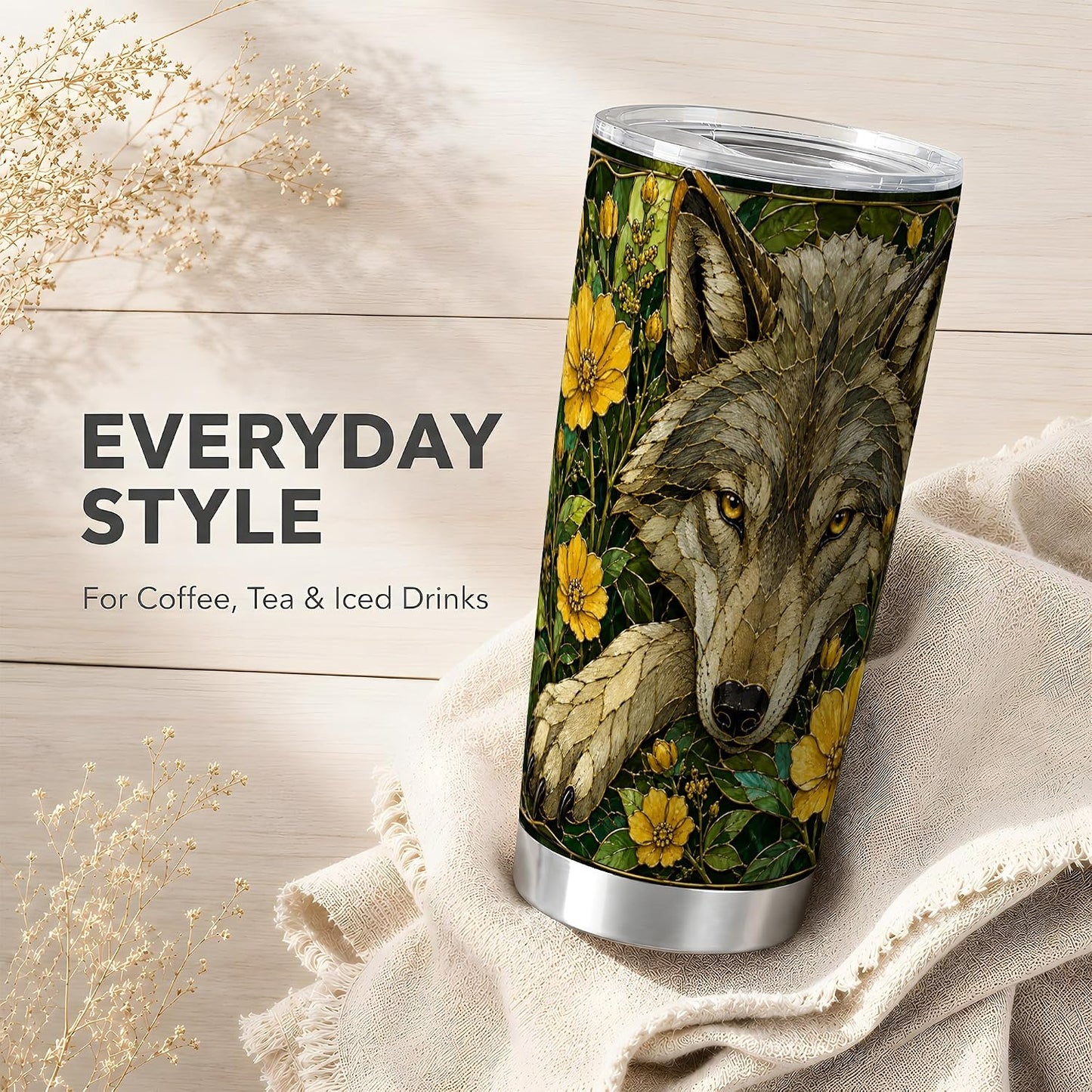Wild Wolf Tumbler 20oz, Forest Animal Tumbler, Woodland Kitchen Decor Theme, Yellow Wildflower Stained Glass Artwork, Glossy Stainless Steel 20oz Travel Drinkware for Nature Fans