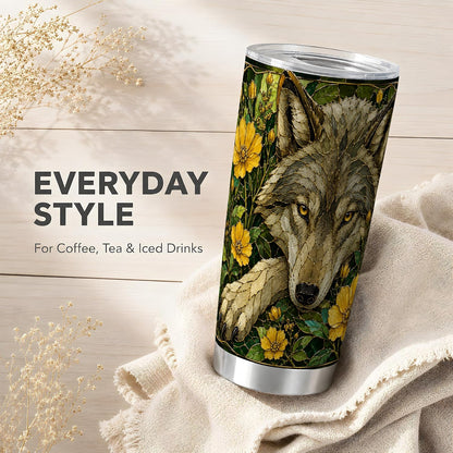 Wild Wolf Tumbler 20oz, Forest Animal Tumbler, Woodland Kitchen Decor Theme, Yellow Wildflower Stained Glass Artwork, Glossy Stainless Steel 20oz Travel Drinkware for Nature Fans