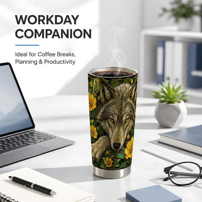 Wild Wolf Tumbler 20oz, Forest Animal Tumbler, Woodland Kitchen Decor Theme, Yellow Wildflower Stained Glass Artwork, Glossy Stainless Steel 20oz Travel Drinkware for Nature Fans