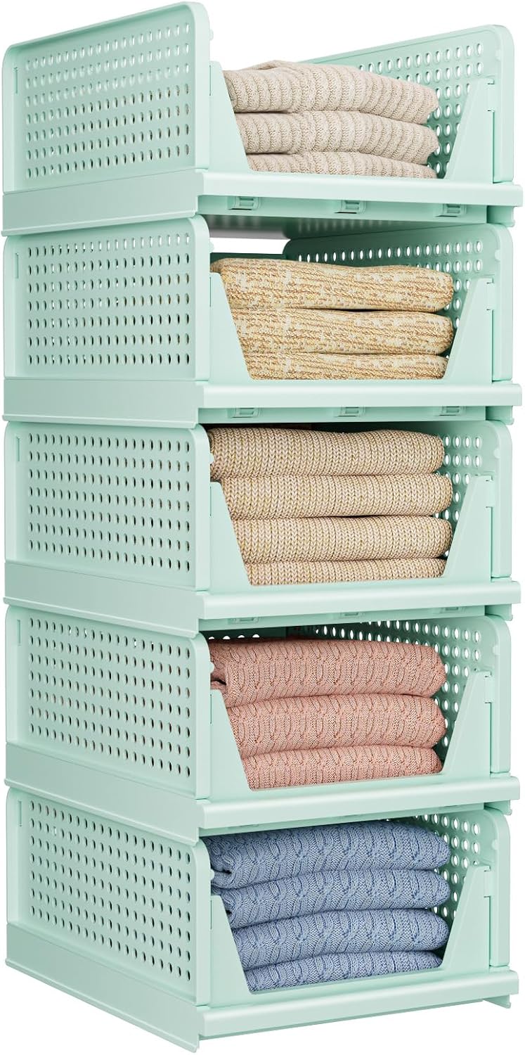 Folding Closet Organizers Storage Box, Stackable Storage Bins, Plastic Drawer Basket Closet Storage for Wardrobe Cupboard Kitchen Bathroom Office White-5L