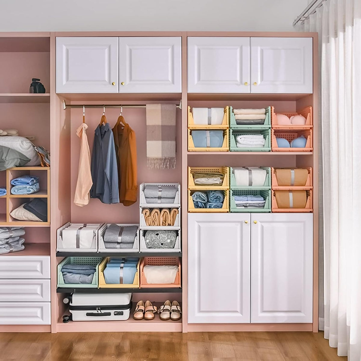 Folding Closet Organizers Storage Box, Stackable Storage Bins, Plastic Drawer Basket Closet Storage for Wardrobe Cupboard Kitchen Bathroom Office White-5L