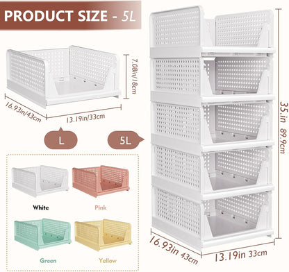 Folding Closet Organizers Storage Box, Stackable Storage Bins, Plastic Drawer Basket Closet Storage for Wardrobe Cupboard Kitchen Bathroom Office White-5L
