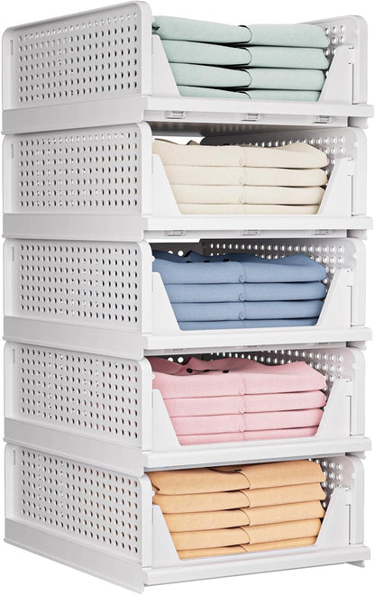 Folding Closet Organizers Storage Box, Stackable Storage Bins, Plastic Drawer Basket Closet Storage for Wardrobe Cupboard Kitchen Bathroom Office White-5L