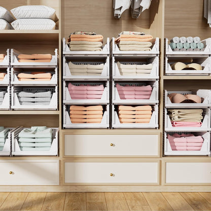 Folding Closet Organizers Storage Box, Stackable Storage Bins, Plastic Drawer Basket Closet Storage for Wardrobe Cupboard Kitchen Bathroom Office White-5L