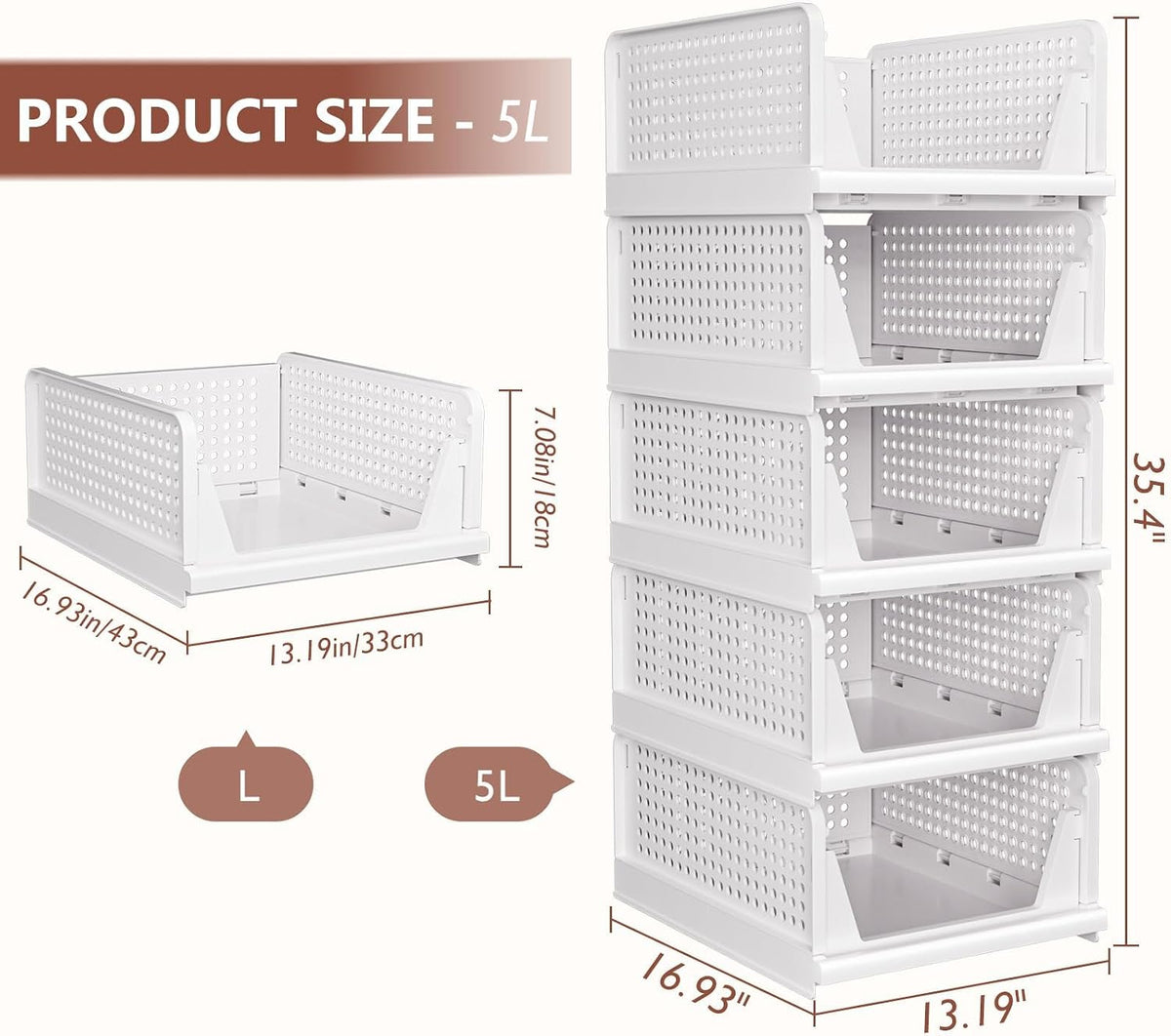 Folding Closet Organizers Storage Box, Stackable Storage Bins, Plastic Drawer Basket Closet Storage for Wardrobe Cupboard Kitchen Bathroom Office White-5L