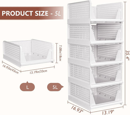 Folding Closet Organizers Storage Box, Stackable Storage Bins, Plastic Drawer Basket Closet Storage for Wardrobe Cupboard Kitchen Bathroom Office White-5L