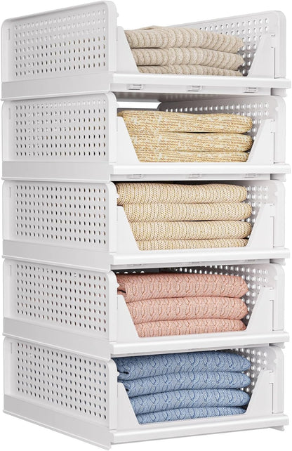 Folding Closet Organizers Storage Box, Stackable Storage Bins, Plastic Drawer Basket Closet Storage for Wardrobe Cupboard Kitchen Bathroom Office White-5L