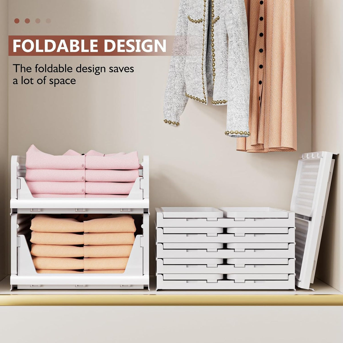 Folding Closet Organizers Storage Box, Stackable Storage Bins, Plastic Drawer Basket Closet Storage for Wardrobe Cupboard Kitchen Bathroom Office White-5L