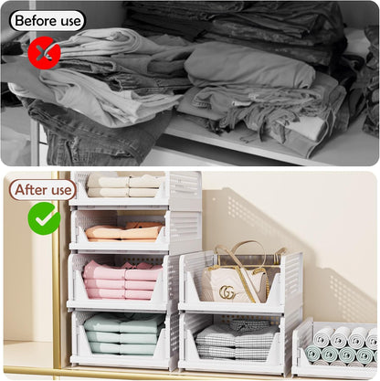 Folding Closet Organizers Storage Box, Stackable Storage Bins, Plastic Drawer Basket Closet Storage for Wardrobe Cupboard Kitchen Bathroom Office White-5L