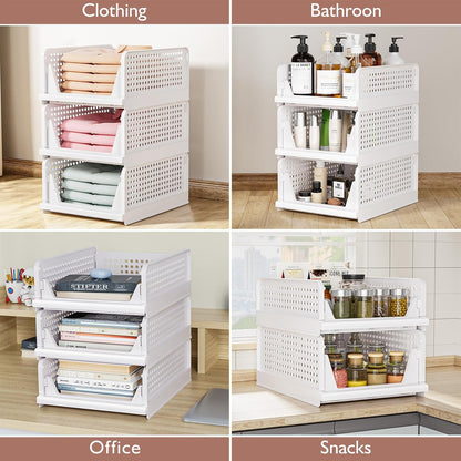 Folding Closet Organizers Storage Box, Stackable Storage Bins, Plastic Drawer Basket Closet Storage for Wardrobe Cupboard Kitchen Bathroom Office White-5L