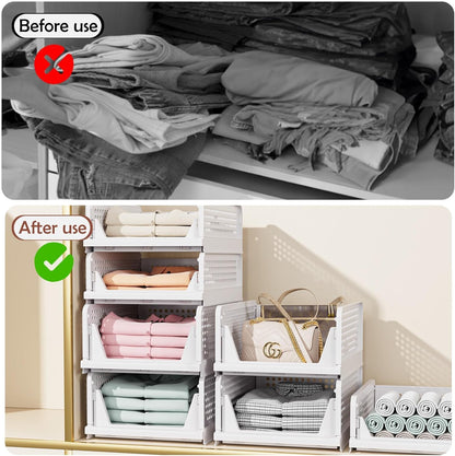 Folding Closet Organizers Storage Box, Stackable Storage Bins, Plastic Drawer Basket Closet Storage for Wardrobe Cupboard Kitchen Bathroom Office White-5L